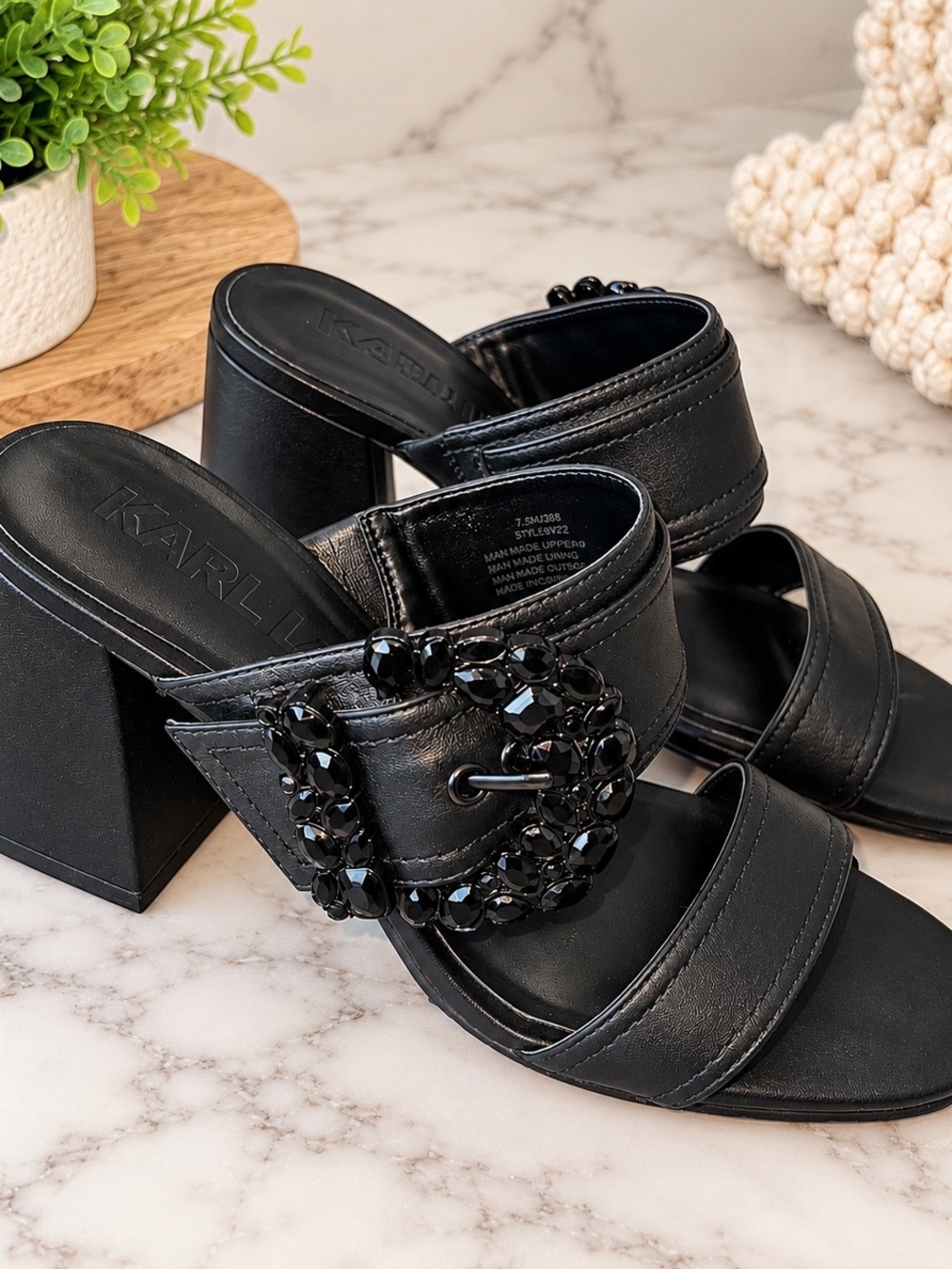 Karl Lagerfeld Black Jeweled Buckle Block Heel Mules
